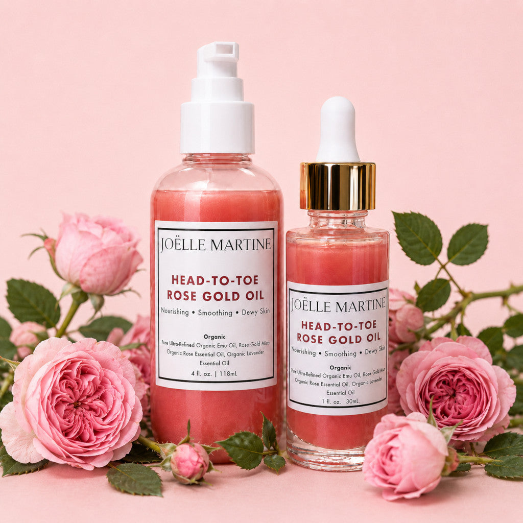 JOËLLE MARTINE Rose Gold Oil 1 oz and 4 oz bottles
