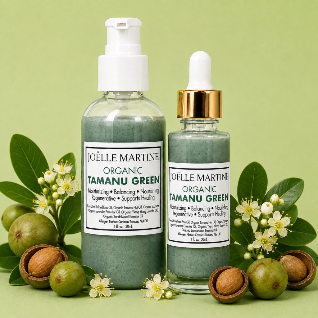 JOËLLE MARTINE Tamanu Green facial oil in 1 oz and 4 oz sizes